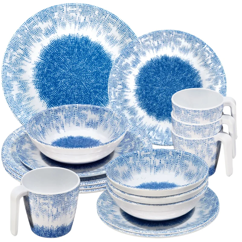 Melamin Geschirr Set Wish Flower Blau für 4 Personen - 16 Teile - Pusteblume Steingutoptik