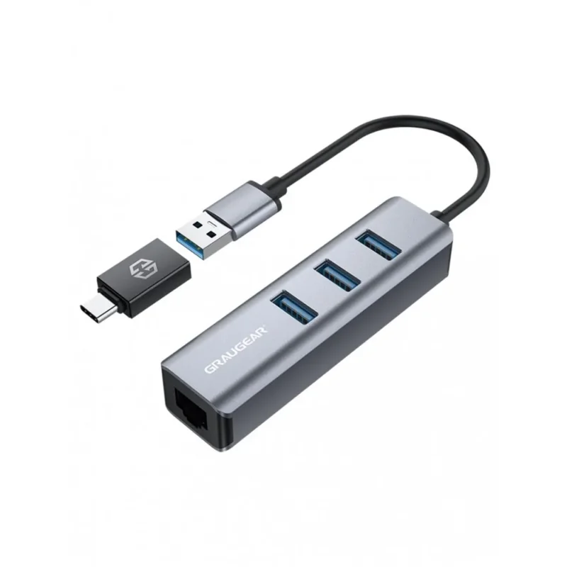 GRAUGEAR USB Hub mit 3 Ports und Gigabit LAN Aluminium
