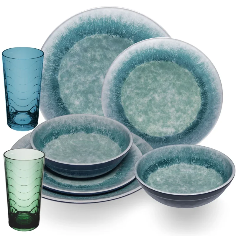 Melamin Geschirr Set Adria Blue für 2 Personen - 8 Teile Blau - mit farblich passenden Trinkgläsern 260 ml aus Acryl Steingutoptik Campinggeschirr Camping