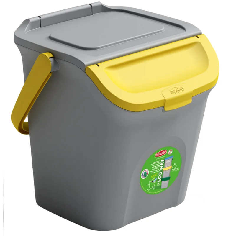 Stapelbarer Müllsortierer 28 Liter Grau mit Farbigem Faltdeckel 39x37x41 cm Mülleimer Mülltonne Mülltrennsystem Recyclingtonne verschließbarer Deckel