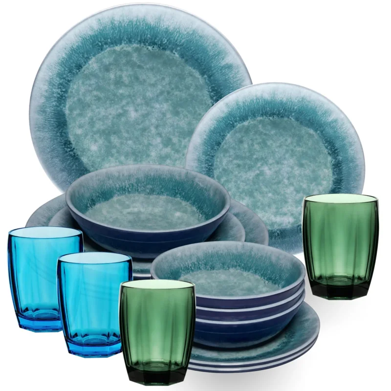Melamin Geschirr Set Adria Blue für 4 Personen - 16 Teile Blau - mit farblich passenden Trinkgläsern 320 ml aus Acryl Steingutoptik Campinggeschirr