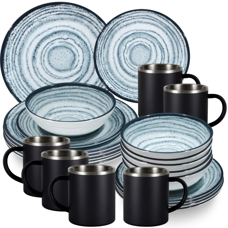 Melamin Geschirr Set Blau Schiefer für 6 Personen - 24 Teile - mit Edelstahl Thermo Tassen Steingutoptik Spülmaschinengeeignet Essgeschirr Campingzubehör Campinggeschirr Wohnwagen Camping Festival Picknick Gartenparty