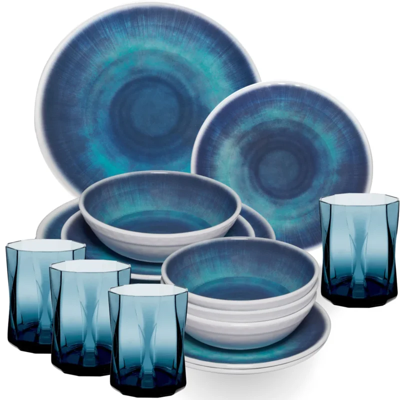 Melamin Geschirr Set Jesolo Blau für 4 Personen - 16 Teile - mit farblich passenden Trinkgläsern 300ml aus Acryl - Campinggeschirr