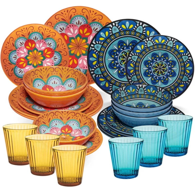Melamin Geschirr Set Toskana Pastel für 6 Personen - 24 Teile - Orange-Blau - Mandala-Optik mit farblich passenden Trinkgläsern 360 ml aus Acryl Spülmaschinengeeignet Campinggeschirr