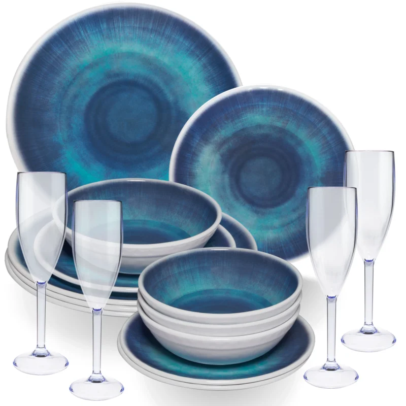 Melamin Geschirr Set Jesolo Blau für 4 Personen - 16 Teile - mit blauem Sektglas 150ml aus Acryl Steingutoptik Campinggeschirr