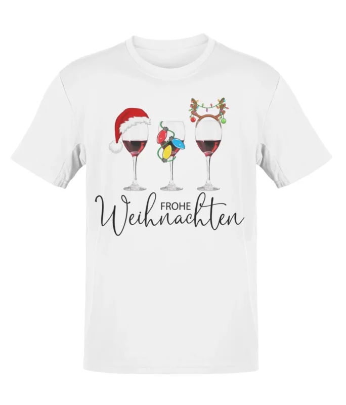 Frohe Weihnachten T Shirt Damen Herren mit Weinglas Motiv Merry Christmas Xmas Shirt lustiges Weihnachtsshirt Unisex Kurzarm Rundhals 100% Baumwolle Party Outfit