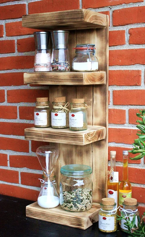 Gewürzregal aus Holz - für die Wand oder stehend - Geflammt - 4 Stellflächen