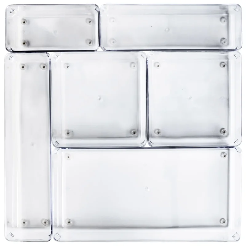 Schubladen Ordnungssystem 6 Teile 40x40 cm 5 Größen 5,5cm hoch klar transparent Antislip - Organizer für Schminktisch Kosmetik Bad Küche Kiste Besteck Aufbewahrungsbox Ordnungsbox Schubladeneinsatz