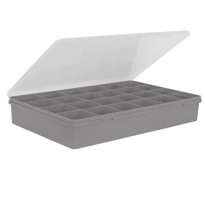 XXL Sortierbox mit 24 Fächern zu je 8,5x9,5 cm - 60x38x10cm groß GRAU mit transparentem Deckel - ideal für Christbaumkugel und Weihnachtsschmuck Aufbewahrungsbox Sortimentskasten Sortierkasten