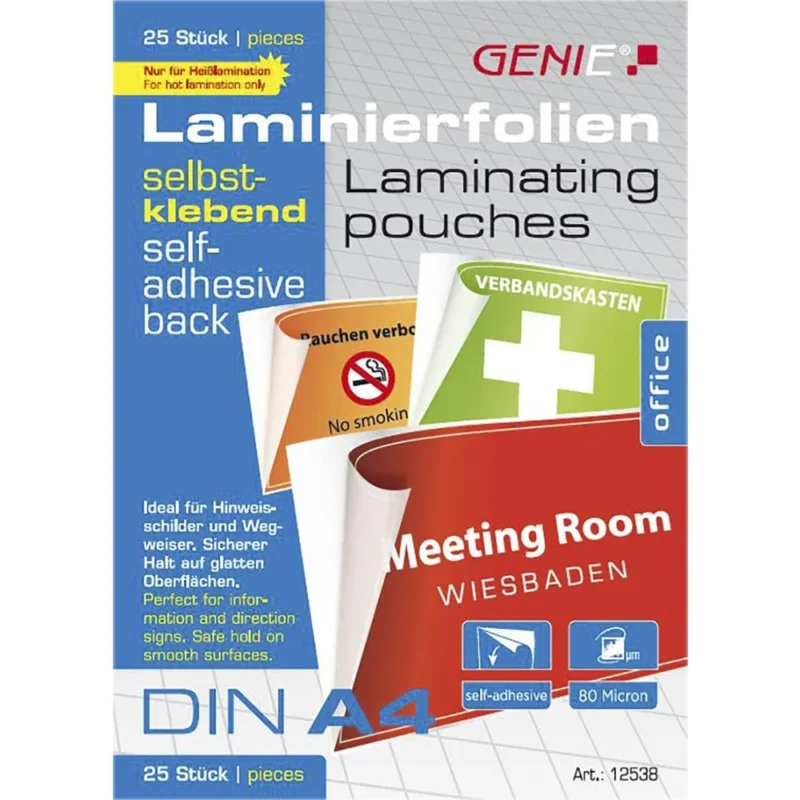 GENIE Laminierfolien DIN A4 80 Mikron selbstklebend 25 Stück