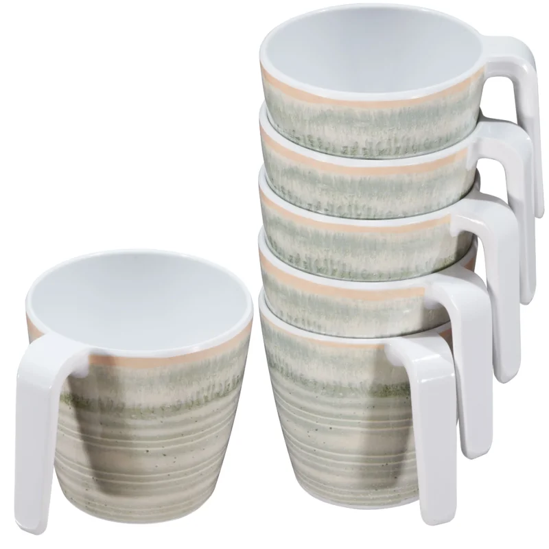 Melamin 6 Tassen 350 ml ideal für Camping - Smaragd Grün - Stapelbar - Steingutoptik Trinkbecher Kaffeetasse Kaffeebecher