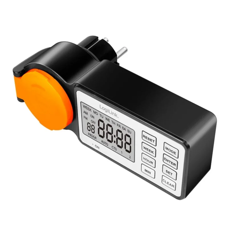 LogiLink Outdoor-Zeitschaltuhr mit LCD-Display, IP44, 3600 W, Schwarz/Orange