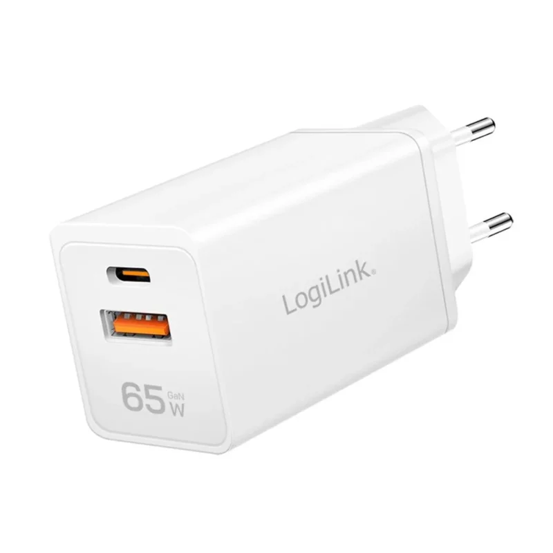 LogiLink Dual-USB Steckdosenadapter, 65 W, GaN, 1x USB-C PD, 1x USB-A QC, Weiß