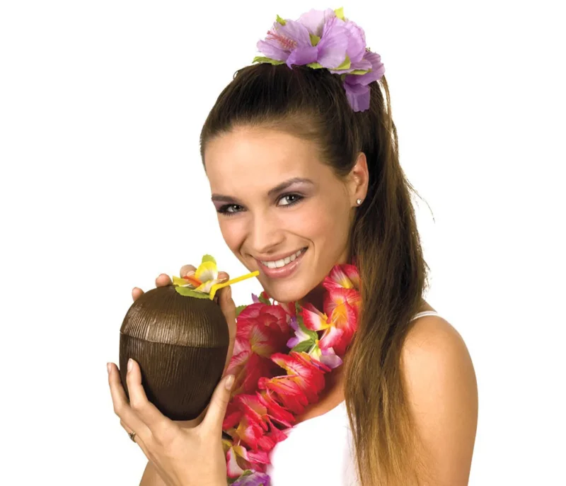 Kokosnuss Becher mit Strohhalm Coconut Karibik Hawaiiparty Hawaiibecher