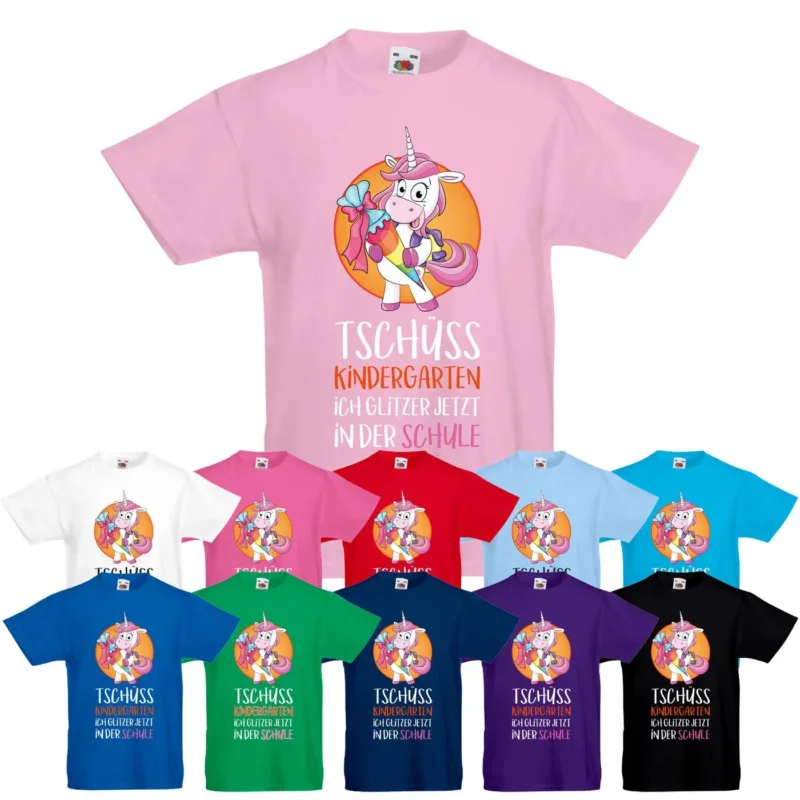 Kinder T-Shirt Einschulung Einhorn „Tschüss Kindergarten ich glitzer jetzt in der Schule“ Shirt Grundschule Schulanfang Mädchen Größen 116 128 140