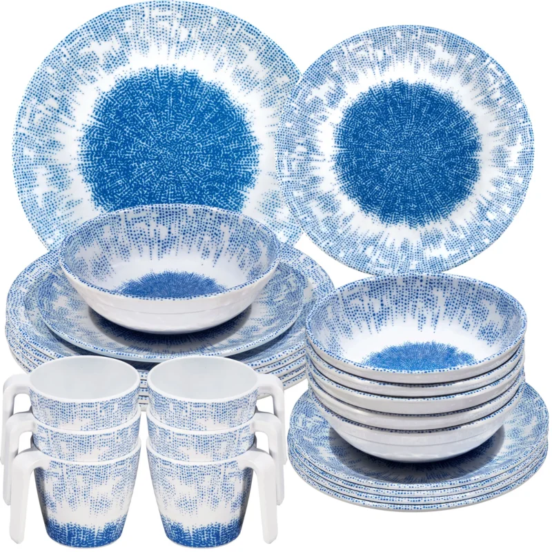 Melamin Geschirr Set Wish Flower Blau für 6 Personen - 24 Teile - Pusteblume Steingutoptik