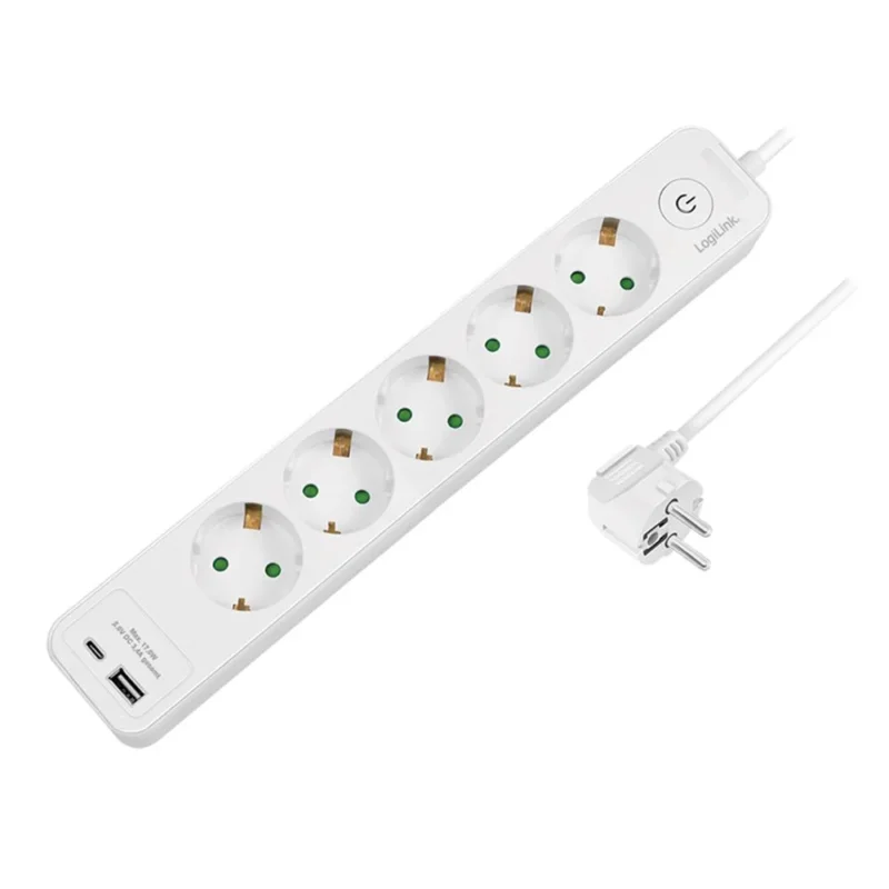 LogiLink Steckdosenleiste 5-fach mit USB-A & USB-C, Schalter, 1,5 m, Weiß