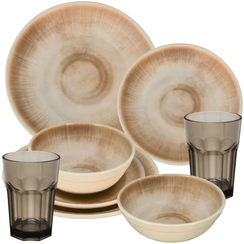 Melamin Geschirr Set Jesolo Sand für 2 Personen - 8 Teile - mit braunen Trinkglas 400ml Steingutoptik Spülmaschinengeeignet Essgeschirr Campingzubehör Campinggeschirr Wohnwagen Camping