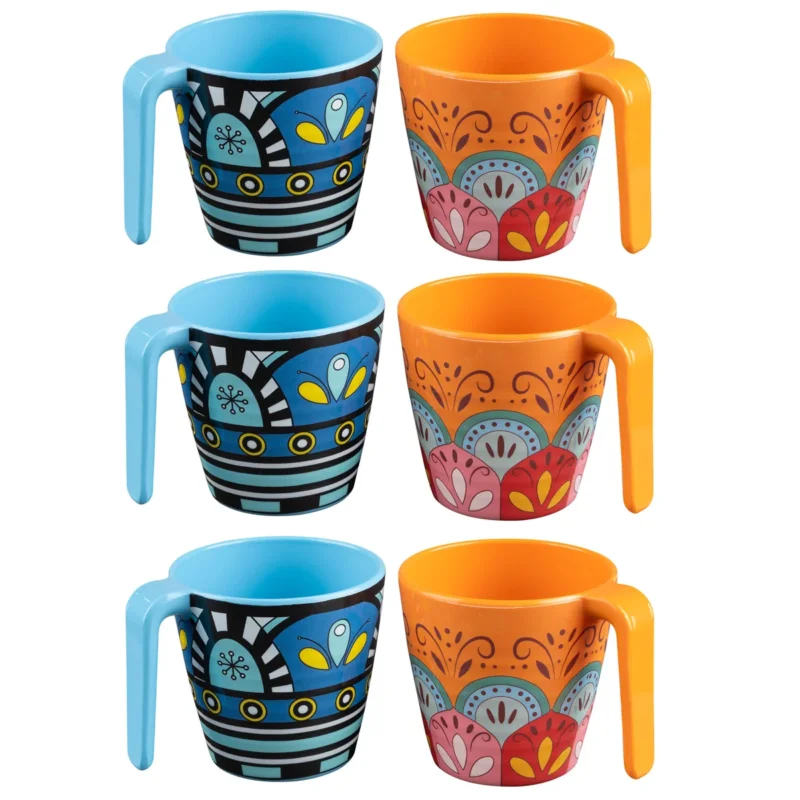 Melamin Tassen 350 ml ideal für Camping 6 Personen - Toskana Pastel - Stapelbar - Steingutoptik Mandala Trinkbecher Kaffeetasse Kaffeebecher