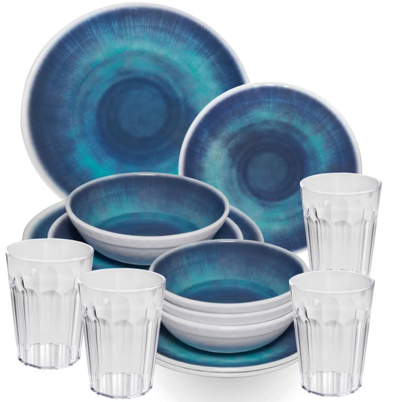 Melamin Geschirr Set Jesolo Blau für 4 Personen - 16 Teile - mit klarem Trinkglas 450ml aus Acryl Steingutoptik Campinggeschirr