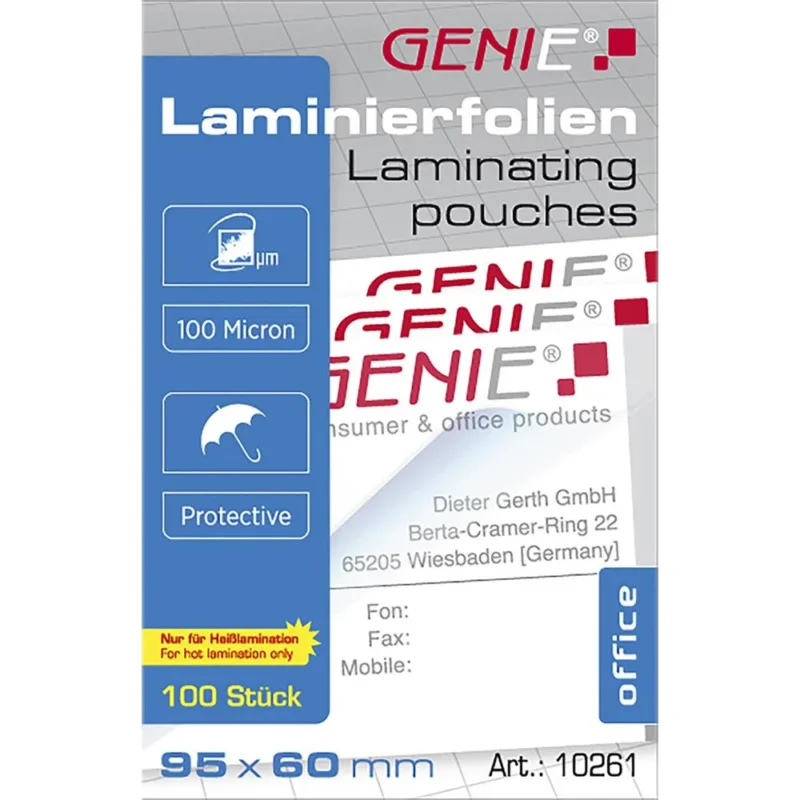 GENIE Laminierfolien Visitenkarten Format 95 x 60 mm 100 Mikron 100 Stück