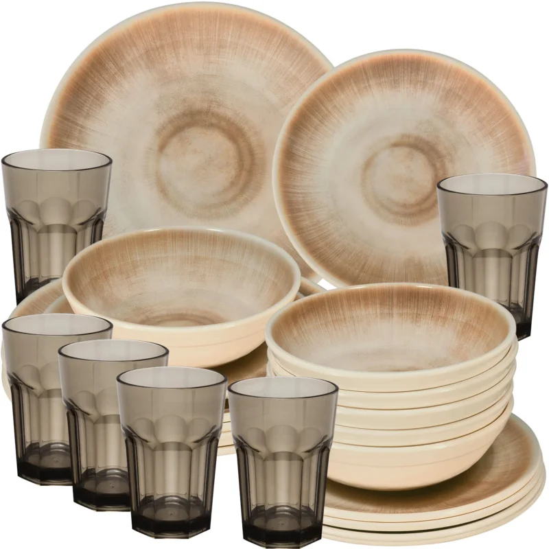 Melamin Geschirr Set Jesolo Sand für 6 Personen - 24 Teile - mit braunen Trinkglas 400ml Steingutoptik Spülmaschinengeeignet Essgeschirr Campingzubehör Campinggeschirr Wohnwagen Camping