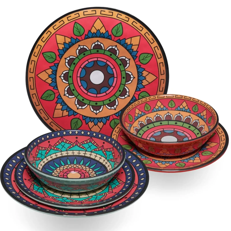 Melamin Geschirr Set Toskana Deep für 2 Personen - 6 Teile - Rot-Grün - Mandala-Optik Essgeschirr Campinggeschirr