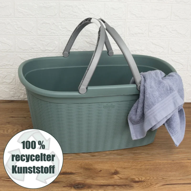 Wäschekorb 35 Liter grün mit 2 Henkeln - 57,5x37x29 cm Rattan-Design ohne Löcher - aus recycletem Kunststoff Haushaltskorb Wäschewanne Tragekorb Wäschesammler Wäschesortierer Wäschebox - Aufbewahrung