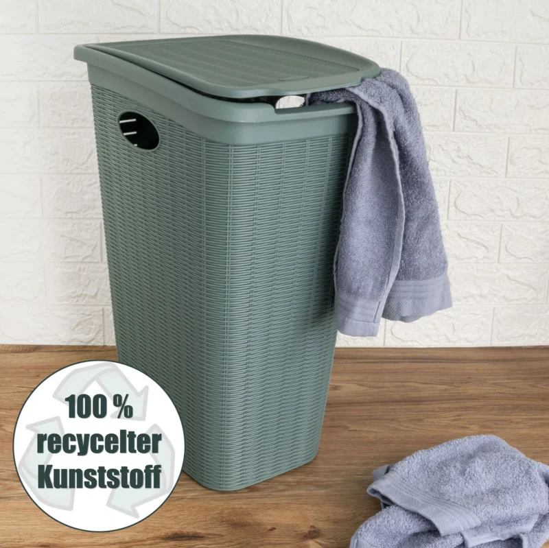 Wäschekorb 36 Liter schmal Grün - Rattanoptik mit Deckel aus recycletem Kunststoff - Wäschesammler mit Löcher 39x29x54cm Wäschebox Wäschesortierer Haushaltskorb Korb Haushalt Wäschetruhe Wäschetonne