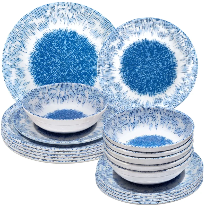 Melamin Geschirr Set Wish Flower Blau für 6 Personen - 18 Teile - Pusteblume Steingutoptik
