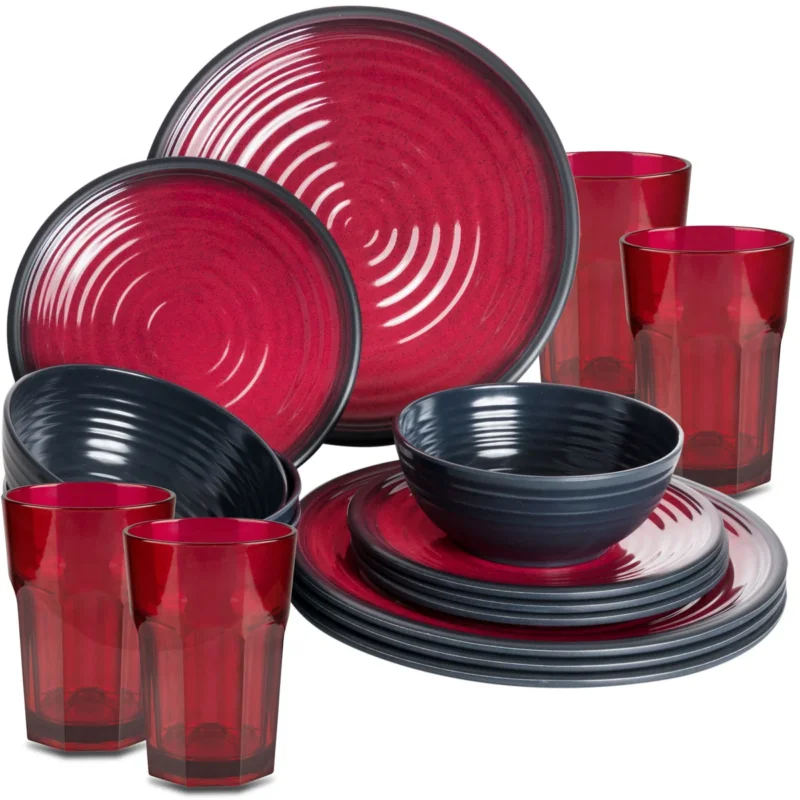 Melamin Geschirr Set für 4 Personen 16 Teile mit Trinkglas rot schwarz Tonoptik - Essgeschirr Acryl Wasserglas - Campinggeschirr