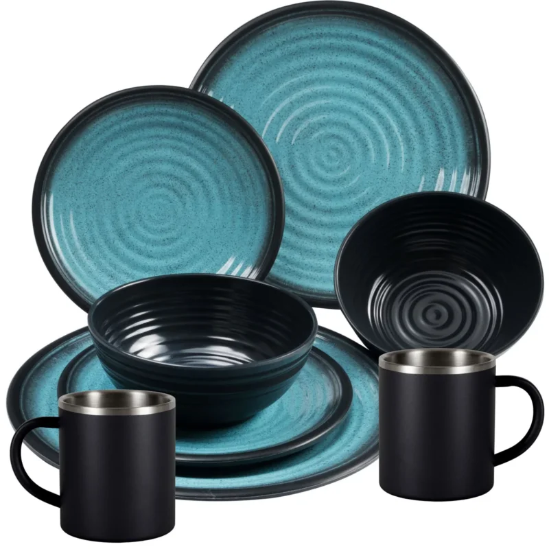 Melamin Geschirr Set Blau Schwarz für 2 Personen 8 Teile mit Edelstahl Thermo Tassen doppelwandig - Tonoptik Essgeschirr - Campinggeschirr Picknick ideal für Camping modern Outdoor