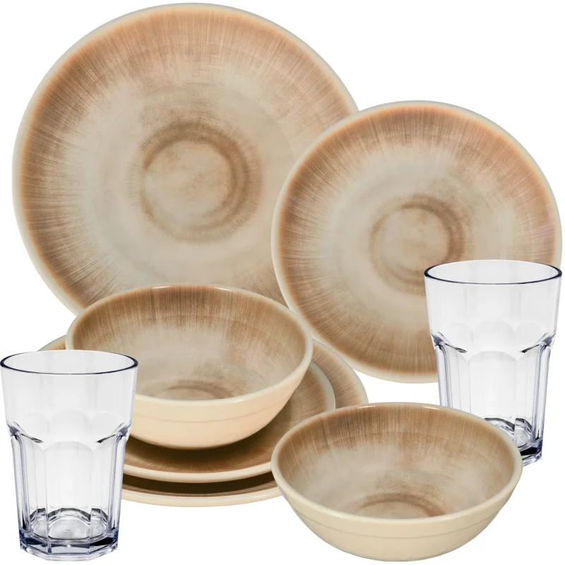 Melamin Geschirr Set Jesolo Sand für 2 Personen - 8 Teile - mit klarem Trinkglas 400ml Steingutoptik Spülmaschinengeeignet Essgeschirr Campingzubehör Campinggeschirr Wohnwagen Camping