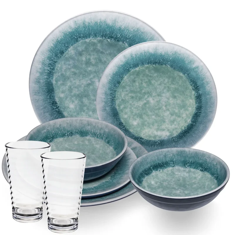 Melamin Geschirr Set Adria Blue für 2 Personen - 8 Teile Blau - mit klarem Trinkglas 400 ml aus Acryl Steingutoptik Campinggeschirr Camping
