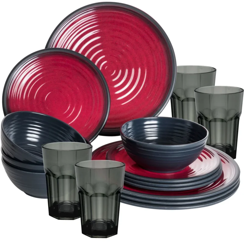 Melamin Geschirr Set Rot für 4 Personen 16 Teile mit Trinkglas Grau Tonoptik - Essgeschirr Acryl Wasserglas - Campinggeschirr