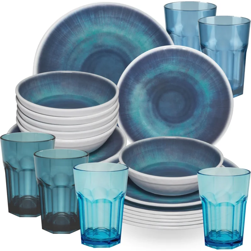 Melamin Geschirr Set Jesolo Blau für 6 Personen - 24 Teile - mit farblich passenden Trinkgläsern 400ml aus Acryl - Campinggeschirr