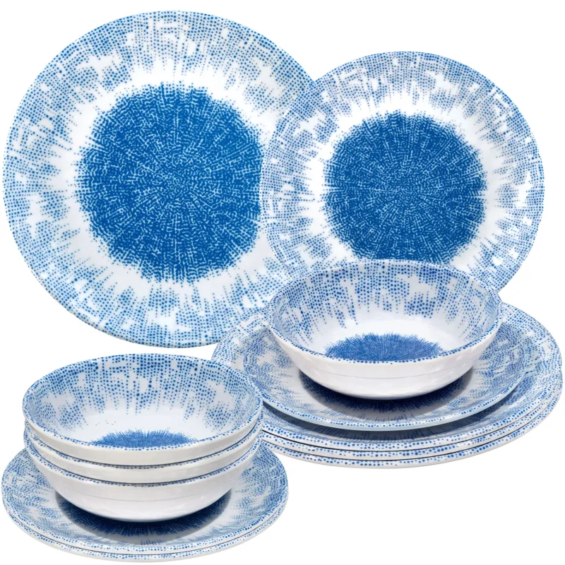 Melamin Geschirr Set Wish Flower Blau für 4 Personen - 12 Teile - Pusteblume Steingutoptik