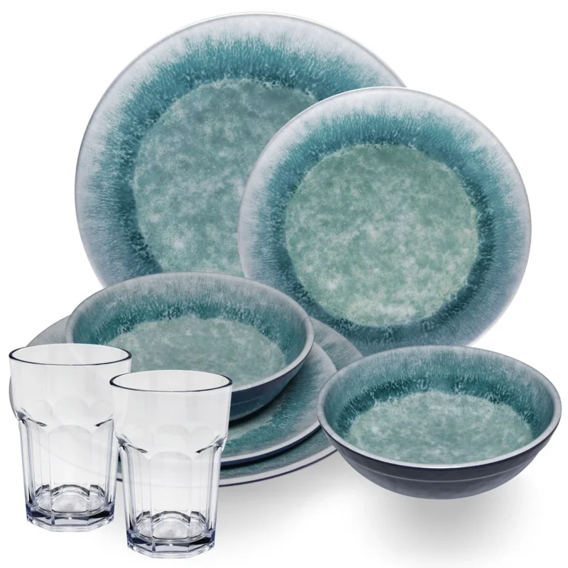 Melamin Geschirr Set Adria Blue für 2 Personen - 8 Teile Blau - mit klarem Trinkglas 400 ml aus Acryl Steingutoptik Campinggeschirr Camping