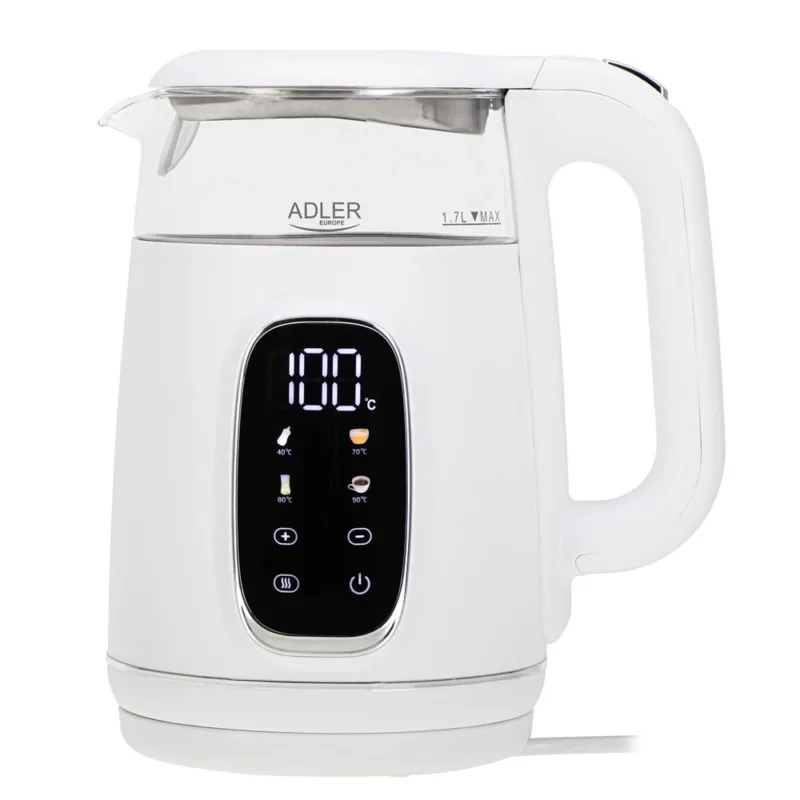 Adler AD 1305 Glas-Wasserkocher 1,7 L mit Temperaturwahl 40–100°C, LED-Display, Warmhaltefunktion 2 Std., 2200 W, Touch-Bedienung weiß silber