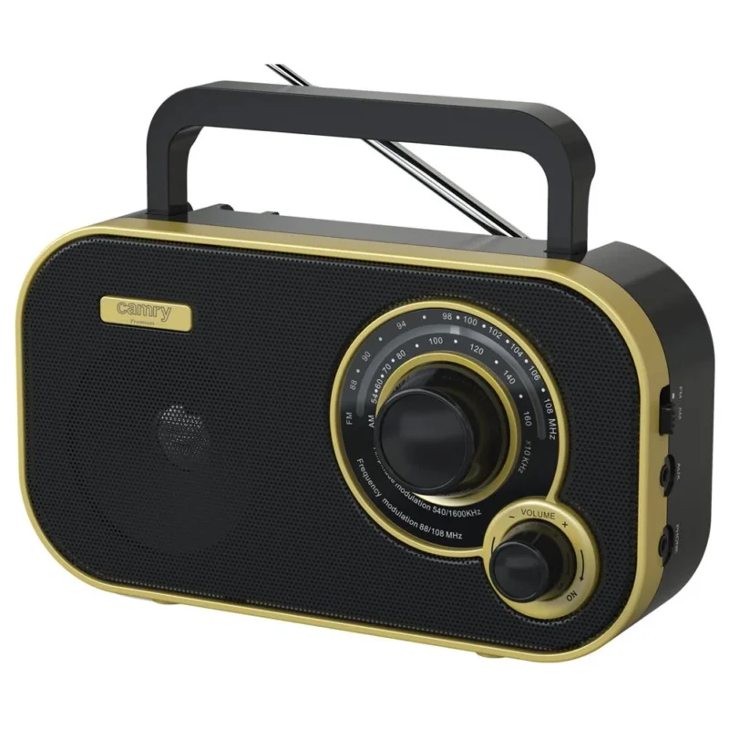 Camry CR 1910g tragbares Radio, FM/AM Kofferradio mit 2 W Lautsprecher, Netz- und Batteriebetrieb, 3,5 mm Kopfhöreranschluss, Teleskopantenne, schwarz/gold
