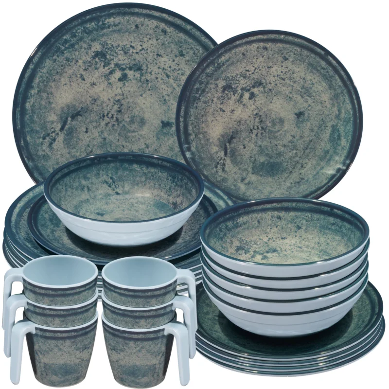 Melamin Geschirr Set Mondgranit Blau-Grau für 6 Personen - 24 Teile - Steingutoptik