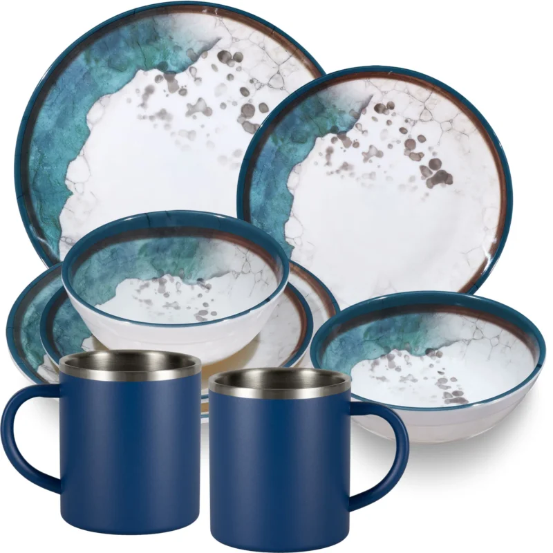 Melamin Geschirr Set Lagune für 2 Personen - 8 Teile - mit Edelstahl Thermo Tassen Steingutoptik Spülmaschinengeeignet Essgeschirr Campingzubehör Campinggeschirr Wohnwagen Camping Festival Picknick Gartenparty