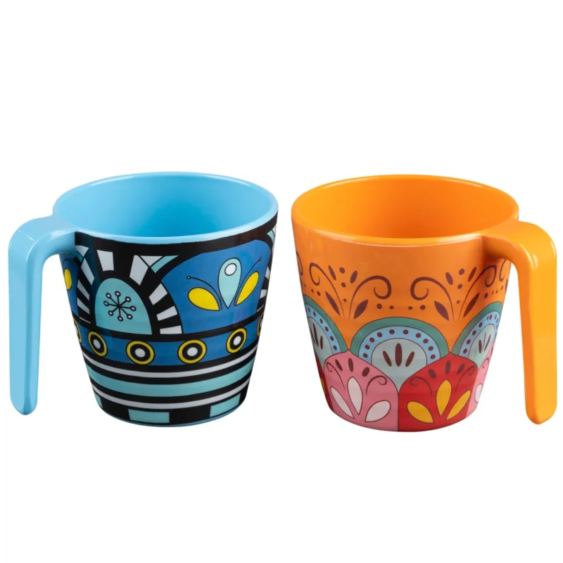 2 Stück Melamin Tassen 350 ml ideal für Camping 2 Personen - Toskana Pastel - Stapelbar - Steingutoptik Mandala Trinkbecher Kaffeetasse Kaffeebecher
