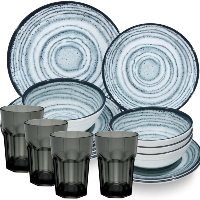 Melamin Geschirr Set Blau Schiefer für 4 Personen - 16 Teile - mit grauen Trinkgläsern 400 ml - Steingutoptik Spülmaschinengeeignet Essgeschirr Campingzubehör Campinggeschirr Wohnwagen Camping