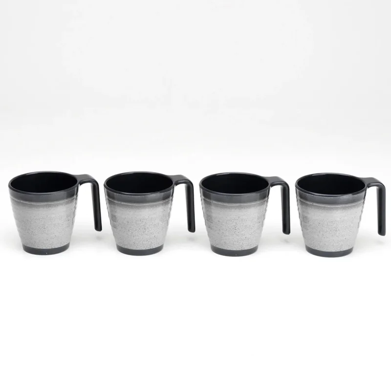 Melamin 4 Tassen 300 ml ideal für Camping - Schwarz-Grau - Stapelbar - Steingutoptik Trinkbecher Kaffeetasse Kaffeebecher