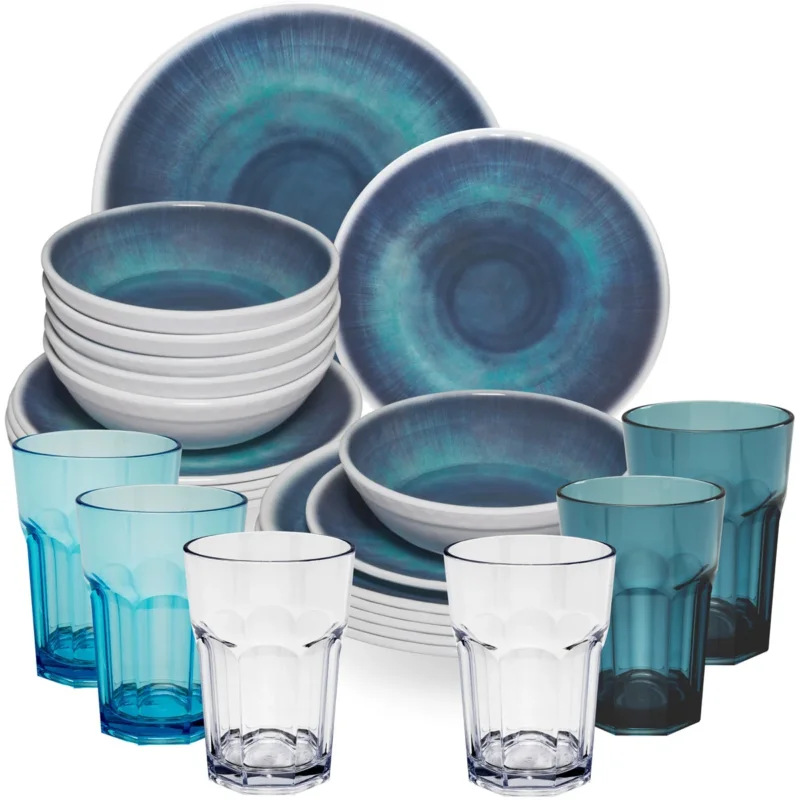 Melamin Geschirr Set Jesolo Blau für 6 Personen - 24 Teile - mit farblich passenden Trinkgläsern 400ml aus Acryl Campinggeschirr