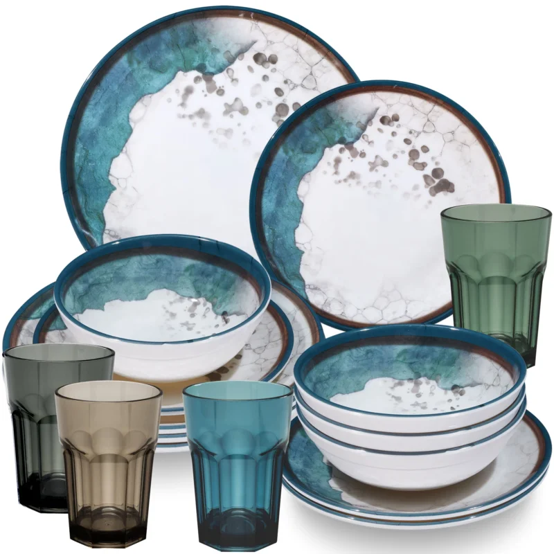Melamin Geschirr Set Lagune für 4 Personen - 16 Teile - mit bunten Gläsern 400ml Steingutoptik Spülmaschinengeeignet Essgeschirr Campingzubehör Campinggeschirr Wohnwagen Camping Festival Picknick Gartenparty
