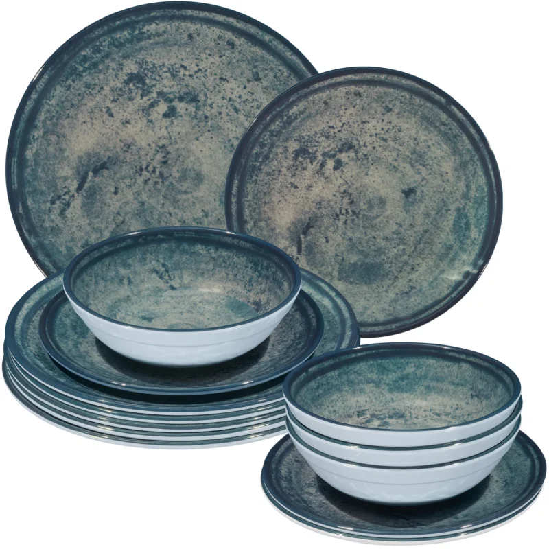 Melamin Geschirr Set Mondgranit Blau-Grau für 4 Personen - 12 Teile - Steingutoptik