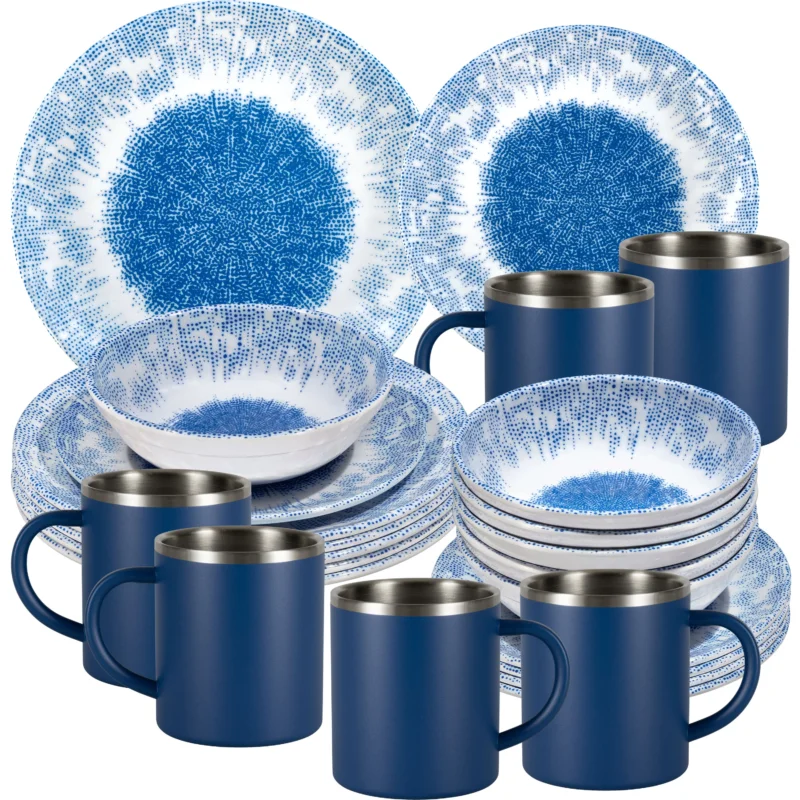 Melamin Geschirr Set Wish Flower Blau für 6 Personen - 24 Teile - mit Edelstahl Thermo Tassen Pusteblume Steingutoptik Spülmaschinengeeignet Essgeschirr Campingzubehör Campinggeschirr Wohnwagen Camping Festival Picknick Gartenparty