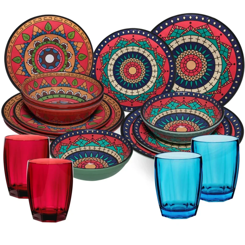 Melamin Geschirr Set Toskana Deep für 4 Personen - 16 Teile Rot-Grün - Mandala-Optik mit farblich passenden Trinkgläsern 320 ml Campinggeschirr